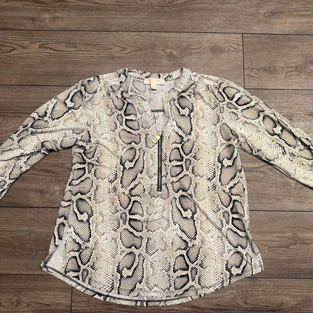 Michael Kors Women's Black White Animal Print Raglan Sleeve Half Zip Blouse Sz S